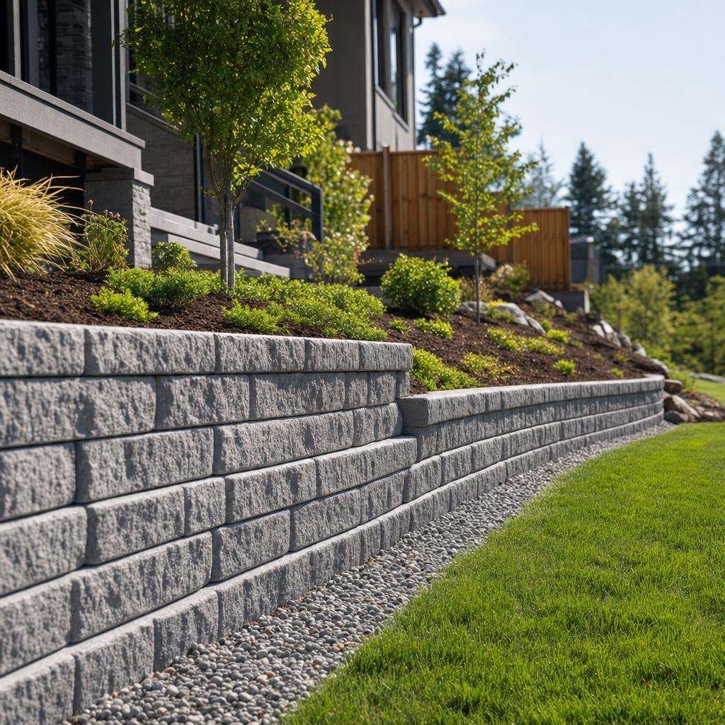 M&M STONEHENGE Construction builds and repairs retaining walls that stabilize sloped yards, reduce washout, and create a usable